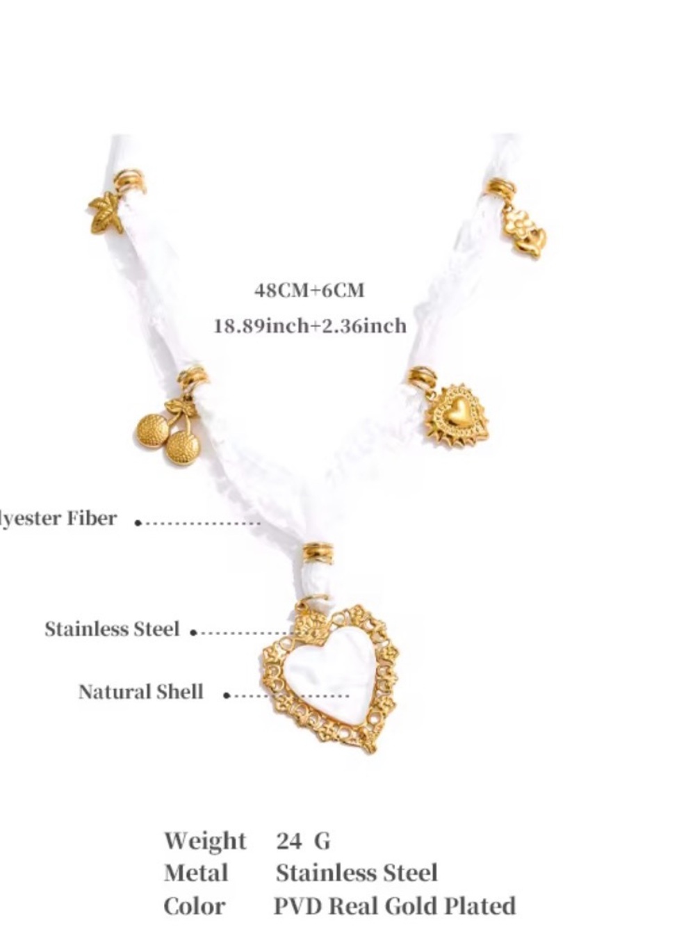 Gold Heart Pendant Necklace with White Lace Accent - Picture 2 of 2
